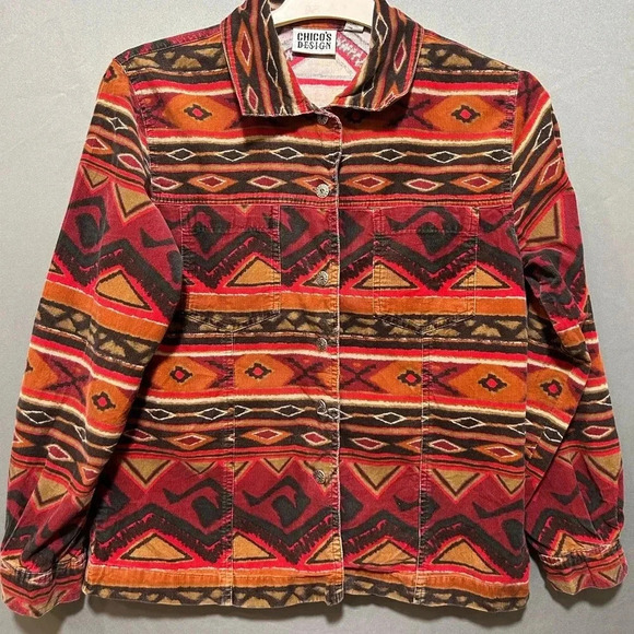 CHICOS DESIGN Vintage Orange & Red Aztec Print Longsleeve Button Up Size 0/Small - Picture 1 of 7